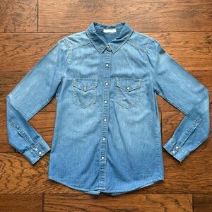 Hinge Women's Size X Small Blue Chambray Denim Pearl Snap Button Down Shirt